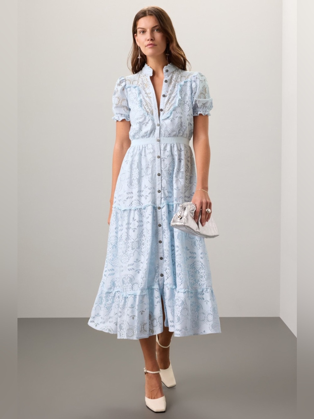 Pamela Love Pale Blue Lace Button-Front Midi Dress